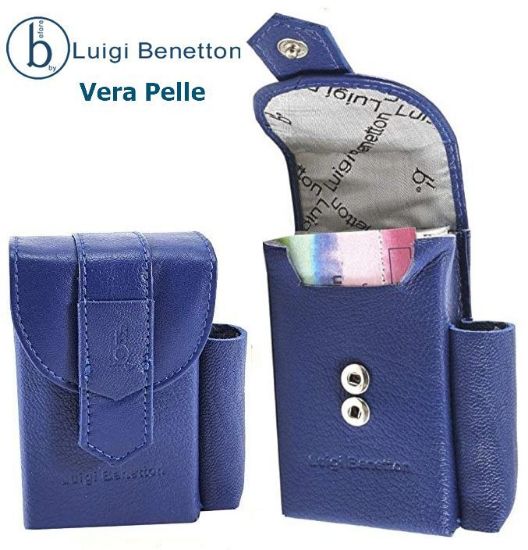 Immagine di PORTAPACCHETTO SIGARETTE VERA PELLE 1pz BLU CON PORTA ACCENDINO - 3176