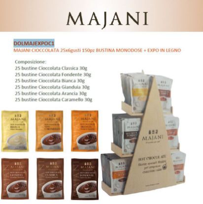 Picture of CIOCCOLATA MAJANI 25x6gusti 150pz BUSTINA MONODOSE + EXPO IN LEGNO