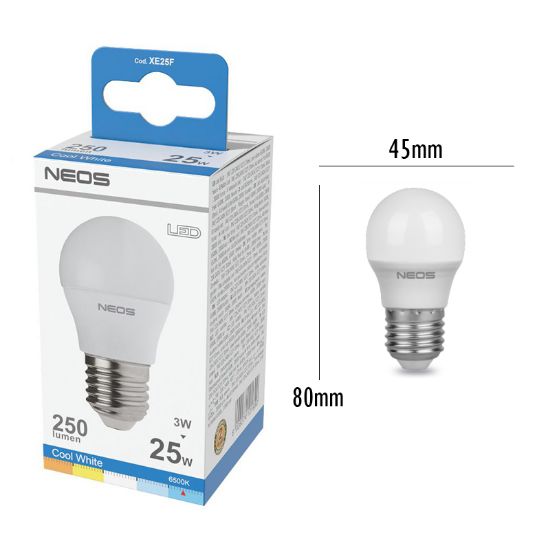 Immagine di LAMPADINE LED E27 3,3W SFERA LUCE FREDDA 1pz 6500K/250im A+ - NEOS NOVALINE