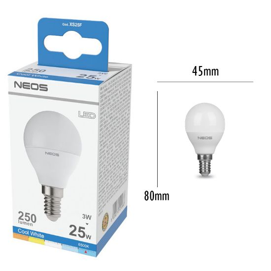 Immagine di LAMPADINE LED E14 3W SFERA LUCE FREDDA 1pz 6500K/250im A+ - NEOS NOVALINE