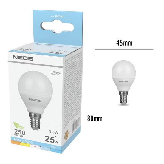 Immagine di LAMPADINE LED E14 3,3W SFERA LUCE NATURALE 1pz 4000K/250im A+ - NEOS NOVALINE