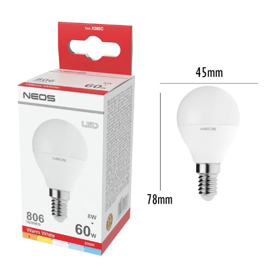 Immagine di LAMPADINE LED E14 8W SFERA LUCE CALDA 1pz 3000K/806im A+ - NEOS NOVALINE