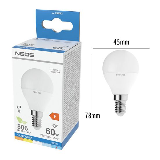 Immagine di LAMPADINE LED E14 8W SFERA LUCE FREDDA 1pz 6500K/806im A+ - NEOS NOVALINE