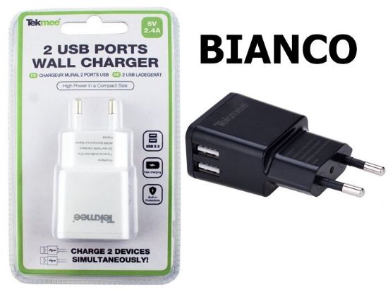 Picture of PRESA ALIMENTAZIONE DA MURO USB 2 PLUG 1pz BIANCO BLISTER TEKMEE