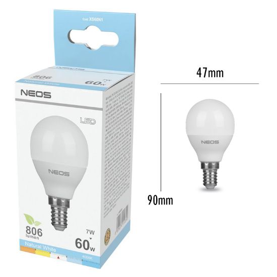 Immagine di LAMPADINE LED E14 7W SFERA LUCE NATURALE 1pz 4000K/806im A+ - NEOS NOVALINE