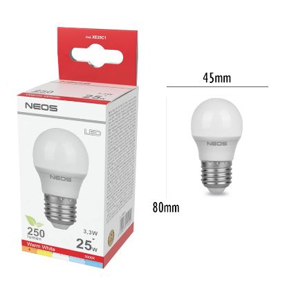 Immagine di LAMPADINE LED E27 3,3W SFERA LUCE CALDA 1pz 3000K/250im A+ - NEOS NOVALINE