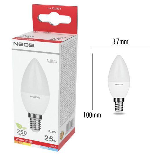 Immagine di LAMPADINE LED E14 3,3W OLIVA LUCE CALDA 1pz 3000K/250im A+ - NEOS NOVALINE