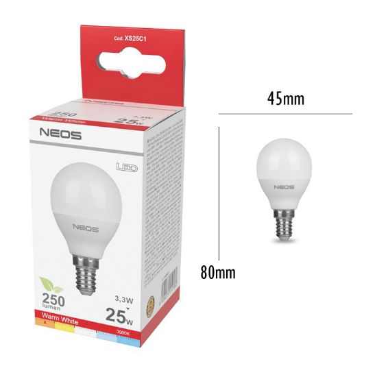 Immagine di LAMPADINE LED E14 3,3W SFERA LUCE CALDA 1pz 3000K/250im A+ - NEOS NOVALINE