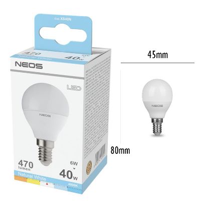 Immagine di LAMPADINE LED E14 5,5W SFERA LUCE NATURALE 1pz 4000K/470im A+ - NEOS NOVALINE