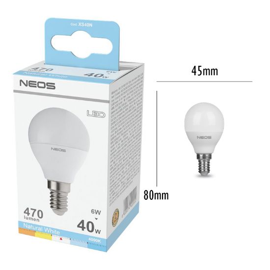 Immagine di LAMPADINE LED E14 5,5W SFERA LUCE NATURALE 1pz 4000K/470im A+ - NEOS NOVALINE