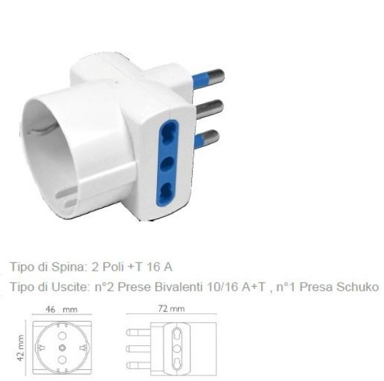 Immagine di PRESA ADATTATORE 3 PRESE 2bival.+SCHUKO a SPINA 16A - NOVALINE