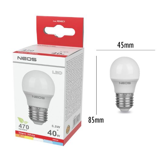 Immagine di LAMPADINE LED E27 5,5W SFERA LUCE CALDA 1pz 3000K/470im A+ - NEOS NOVALINE