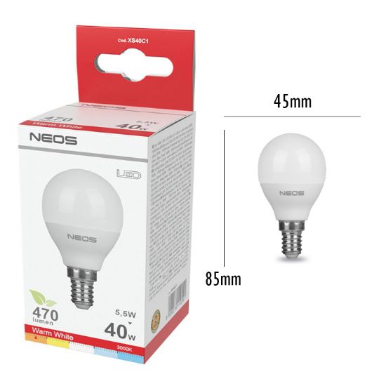 Immagine di LAMPADINE LED E14 5,5W SFERA LUCE CALDA 1pz 3000K/470im A+ - NEOS NOVALINE