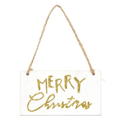 Picture of DECORO 2pz TAG LEGNO BCO 8X4cm MERRY XMAS ORO