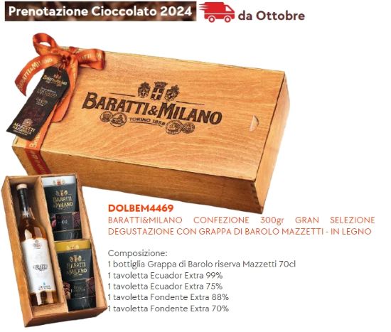 Immagine di BARATTI&MILANO CONFEZIONE 300gr GRAN SELEZIONE DEGUSTAZIONE CON GRAPPA DI BAROLO MAZZETTI - IN LEGNO - PR2024