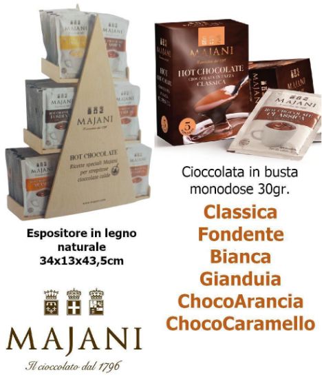 Immagine di CIOCCOLATA MAJANI 25x6gusti 150pz BUSTINA MONODOSE + EXPO IN LEGNO