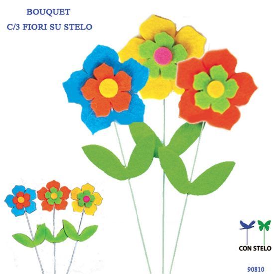 Immagine di BOUQUET 3pz FIORI SU STELO COLORI ASSORTITI