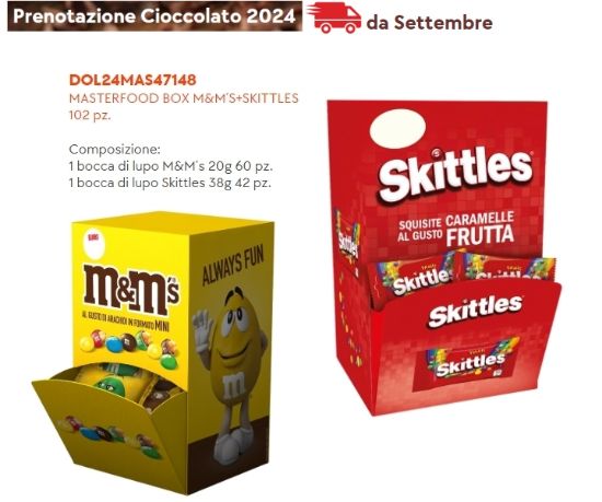 Immagine di MASTERFOOD BOX M&M 20gr + SKITTLES 102pz BOCCA DI LUPO - PR2024