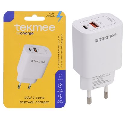 Picture of PRESA ALIMENTAZIONE DA MURO USB+TYPE-C 2 PLUG FAST 1pz BIANCO TEKMEE