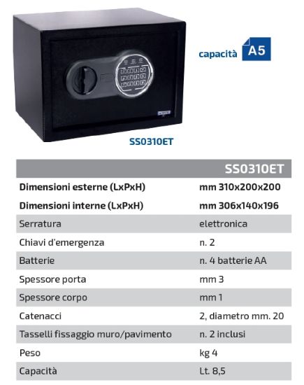 Picture of CASSAFORTE DA MOBILE 1pz 310x200x200 SERRATURA ELETTRONICA + CHIAVI